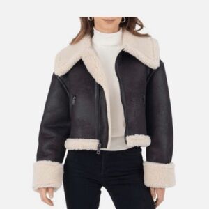 Frye Faux Leather Faux Shearling Jacket Bomber Aviator Zip Pockets